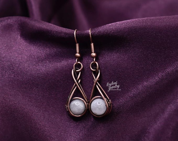 White Moonstone Copper Wire Wrapped Teardrop Earrings- Earthy Crystal Earrings - Infinity Gift of Jewelry