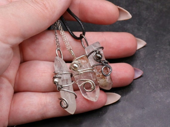 Wire Wrapped Quartz Point Necklace – Clear or Lodolite, Silver or Copper