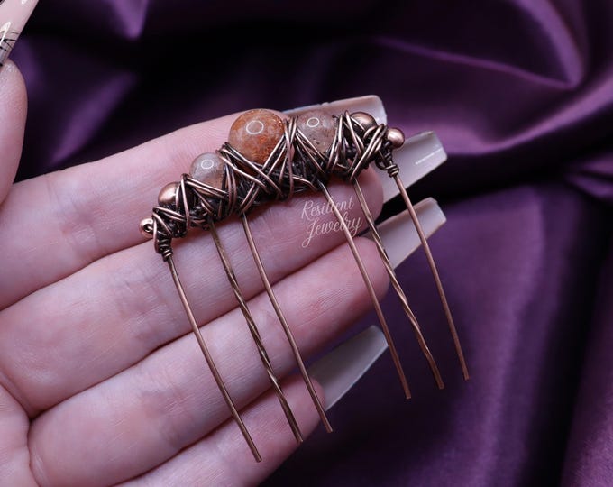 Sunstone Hair Comb - Handmade Crystal Hair Accessory - Boho Hairpiece