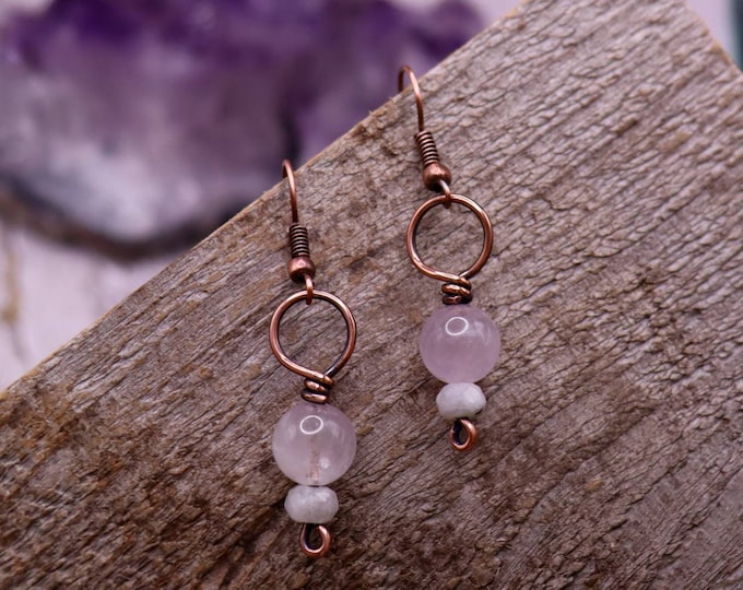 Pink Amethyst & Moonstone Copper Earrings - Summer Accessories- Simple Earrings for Her - Best Friend Gift