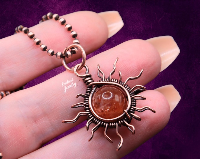 Summer Sun Necklace - Copper Wire Wrapped Sunstone Necklace - Summer Vacation Jewelry - Golden Crystal Necklace - Rays of Sunshine Jewelry