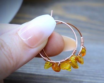 Amber Chip Hoop Earrings - Copper Bronze Gold or Silver