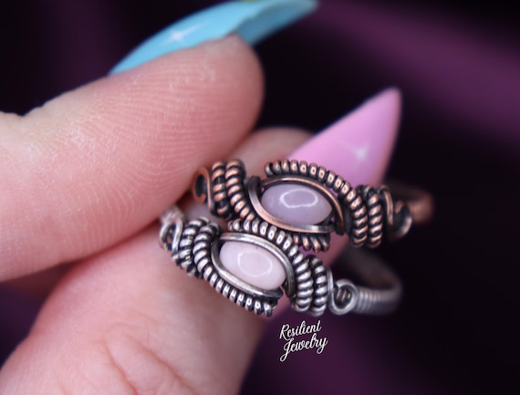 Pink Opal Wire Wrapped Ring: Custom Copper or Sterling Silver