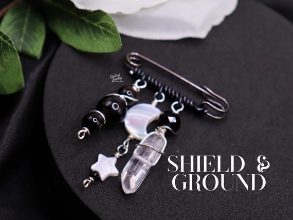 Crystal Charm Pin – Silver Obsidian, Tourmaline, Wire Wrapped Safety Pin