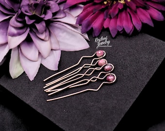 Pink Tourmaline in Lepidolite Copper Wire Wrapped Hair Pins- Pink & Purple Crystal Hair Jewelry Accessories