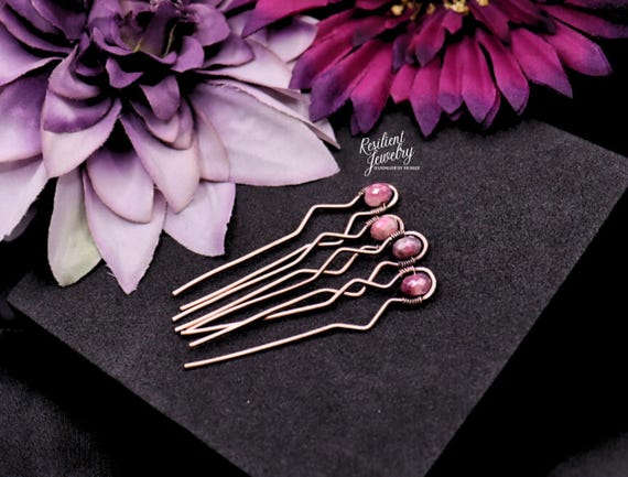 Pink Tourmaline Lepidolite Hair Pins: Copper Wire Wrapped Crystal Jewelry