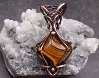 Tigers Eye Copper Wire Wrapped Pendant - Unisex Necklace with Golden Tigers Eye- Everyday Pendant