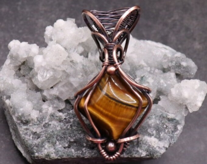 Tigers Eye Copper Wire Wrapped Pendant - Unisex Necklace with Golden Tigers Eye- Everyday Pendant