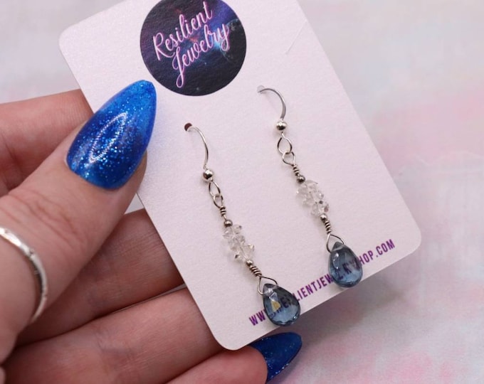 Blue Topaz & Herkimer Diamond Earrings - Sterling Silver Dangling Earrings Faceted Topaz Teardrops- Bridal Earrings