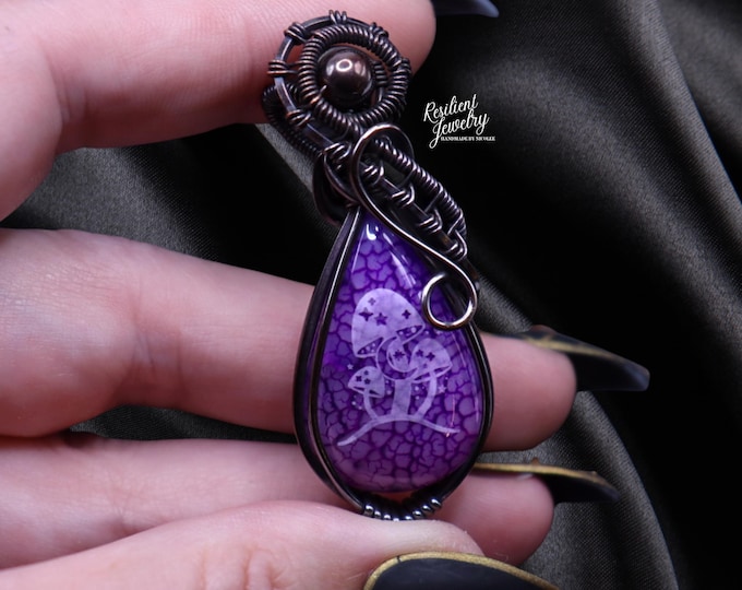 Dragon Vein Agate Mushroom Moon Pendant: Copper Wire Wrapped Necklace