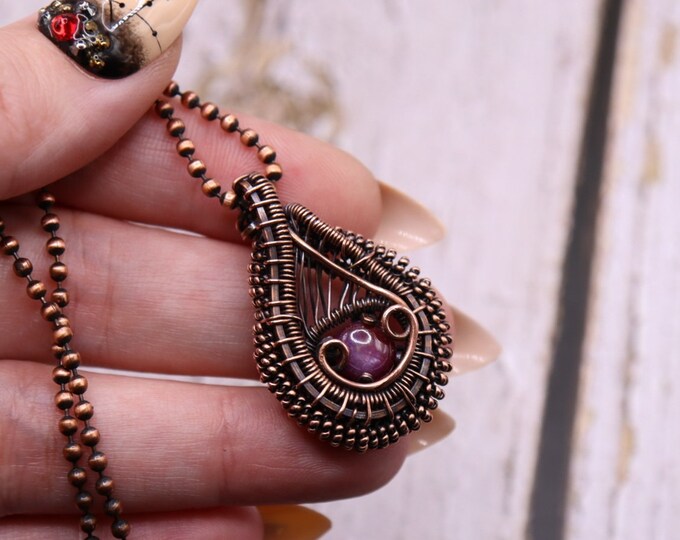 Ruby Copper Wire Wrapped Necklace - Heady Style Mini Pendant - Star Ruby -