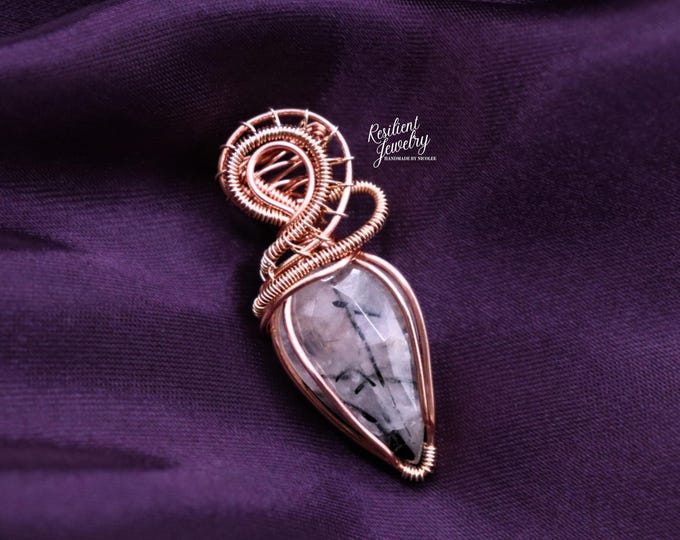 Black Tourmaline in Quartz Copper & Bronze Wire Wrapped Pendant- Mixed Metal Necklace-