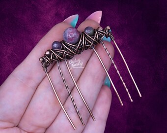 Pink Tourmaline in Lepidolite Copper Decorative Hair Comb - Pink & Purple Crystal Bead Hair Accessory