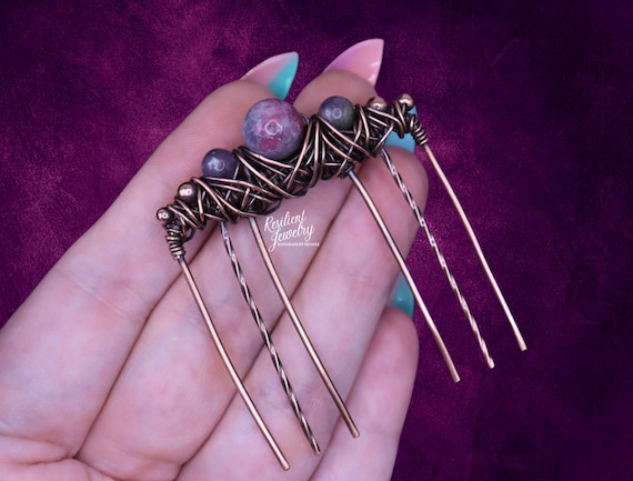 Pink Tourmaline Lepidolite Hair Comb: Copper Wire Wrapped Crystal