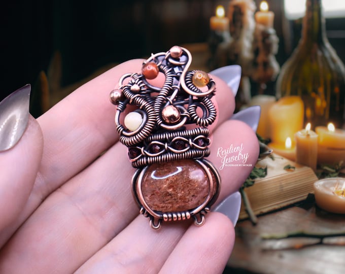 Sunstone and Garnet Copper Cauldron Pendant with Citrine and Carnelian Bubbles - Halloween Witches Cauldron Wire Wrapped  Necklace