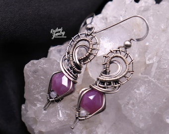 Pink Sapphire and Kunzite Wire Wrapped Earrings- Antique Sterling Silver - Pink Crystals for Love