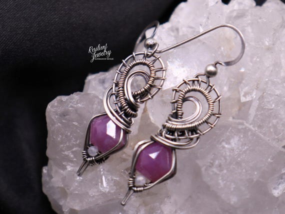 Pink Sapphire and Kunzite Wire Wrapped Earrings- Antique Sterling Silver - Pink Crystals for Love