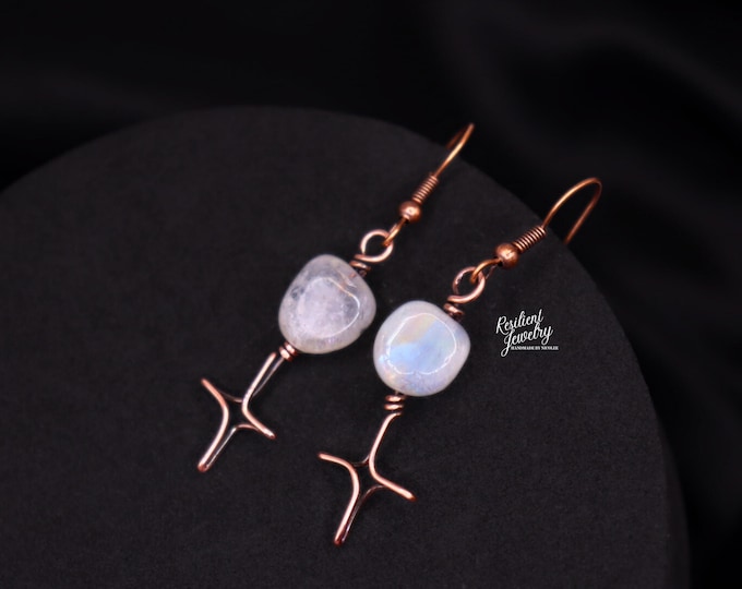 Moonstone Star Copper Drop Earrings- Wire Wrapped 4 point Star with Rainbow Moonstone