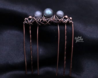 Labradorite Antique Copper Hair Comb- Green and Blue Flash Labradorite Crystal Hair Jewelry for Styling Up Dos