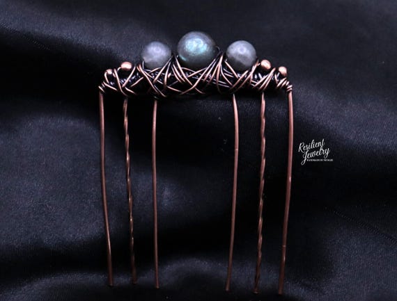 Labradorite Hair Comb: Antique Copper Wire Wrapped Crystal Jewelry
