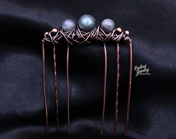 Labradorite Antique Copper Hair Comb- Green and Blue Flash Labradorite Crystal Hair Jewelry for Styling Up Dos