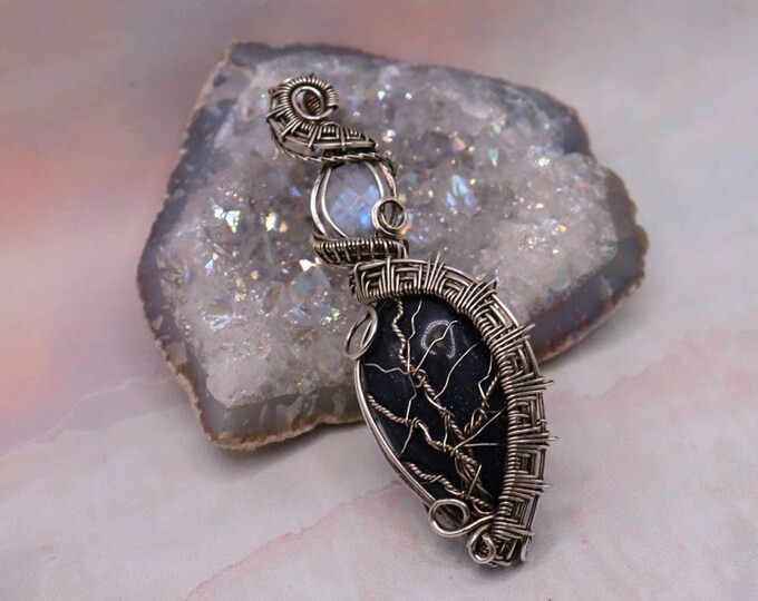 Blue Gold Stone Tree of Life Pendant with Moonstone Accent- Midnight Starry Sky- Silver Wire Wrap for her - Moonchild Jewelry