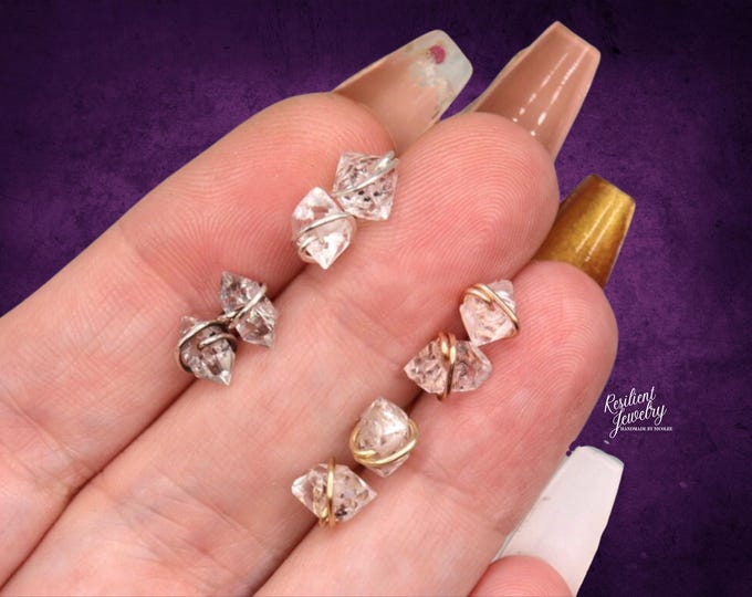 Herkimer Diamond Stud Earrings - Metal Options  Bright Silver  Black Silver Rose Gold and Yellow Gold - Double Terminated Crystal Studs
