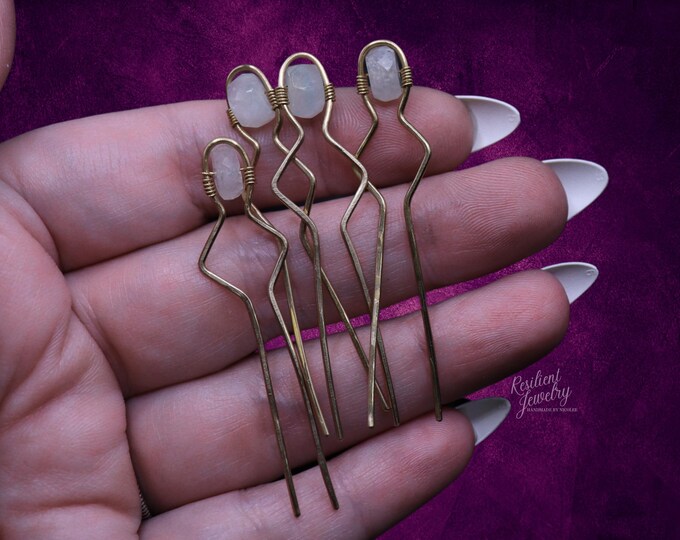 Gold Moonstone Hair Pins – Jeweler’s Brass Wire Wrapped Hair Accessories - Golden hair Jewelry - Summer Aesthetic Moonstone Crystal Bun Pin