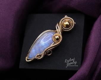 Rainbow Moonstone Gold Pendant | Jewelers Brass Wire Wrapped Necklace | Handmade Crystal Jewelry