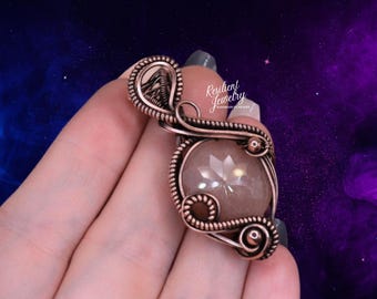 Peach Moonstone Pendant - Copper Wire Wrapped Necklace