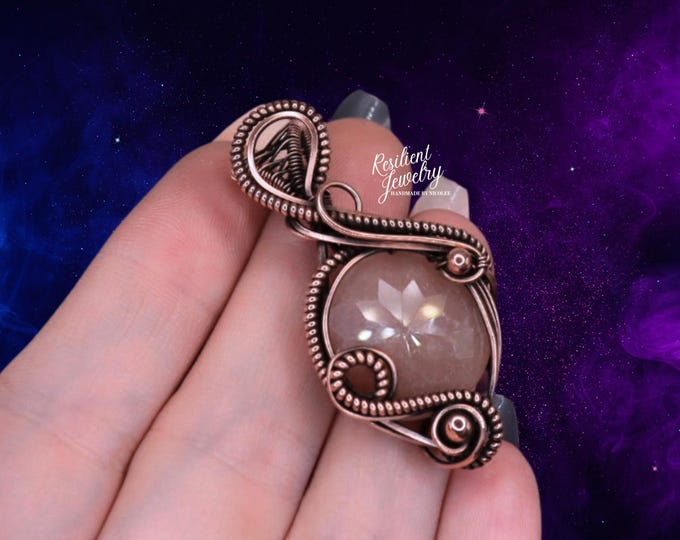 Peach Moonstone Pendant - Copper Wire Wrapped Necklace