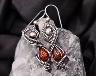 Natural Amber Antiqued Silver Earrings- Antique Sterling Silver Wire Wrapped Earrings - Baltic Sea Dark Amber Earrings for Her