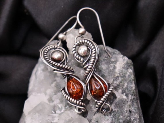Wire Wrapped Baltic Amber Earrings – Sterling Silver Boho Jewelry