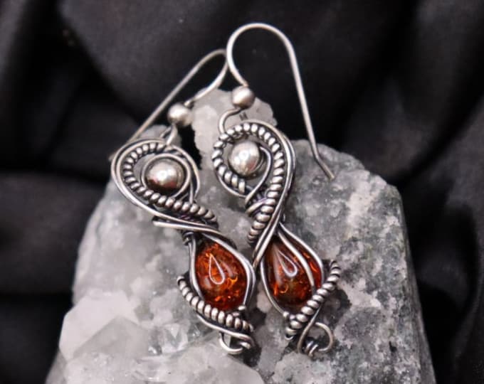 Natural Amber Antiqued Silver Earrings- Antique Sterling Silver Wire Wrapped Earrings - Baltic Sea Dark Amber Earrings for Her