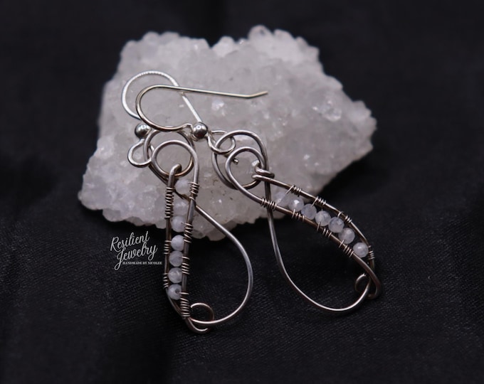 White Moonstone Infinity Loop Earrings- Crystal Loop Dangling Earrings - Sparkly Moonstone Jewelry