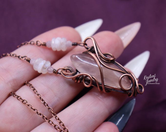 Rose Quartz Copper Wire Wrapped Necklace with Moonstone & Kunzite Accents