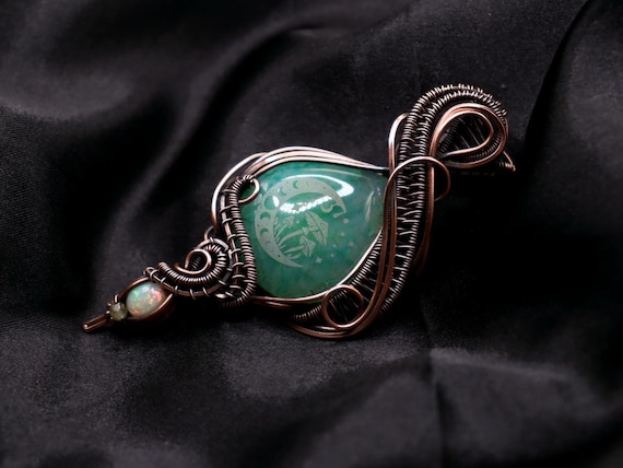 Handmade Copper Wire Wrapped Crescent Moon Necklace – Dragon Vein Agate, Opal Accent