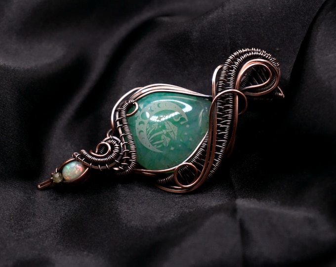 Crescent Moon Mushroom Fairycore Necklace- light green dragon vein agate & colorful opal copper wire wrapped pendant