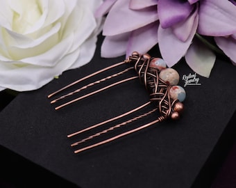 Imperial Jasper Copper Hair Comb: Wire Wrapped Crystal Beads