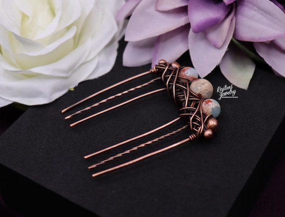 Imperial Jasper Copper Hair Comb: Wire Wrapped Crystal Beads