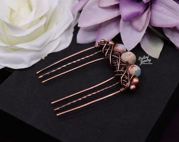 Imperial Jasper Copper Wire Wrapped Hair Comb - Decorative Comb with Crystal Beads- Blue Sea Sediment Jasper