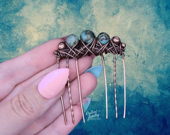 African Turquoise Hair Comb - Copper Wire Wrapped Hair Accessory- Crystal Hair Jewelry