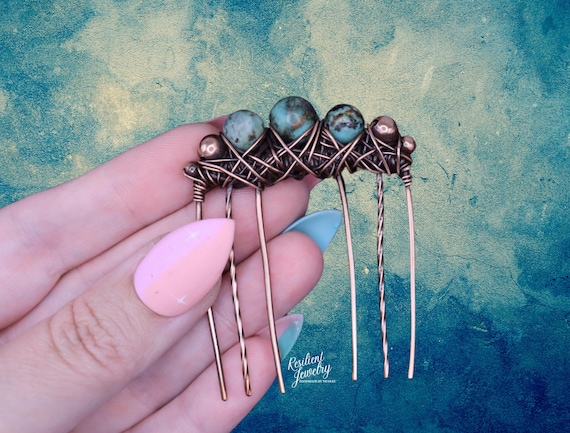 African Turquoise Hair Comb - Copper Wire Wrapped Crystal Hair Jewelry