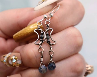 Crescent Moon Earrings with Kyanite Blue Sapphire Black Spinel Accents- Dainty Sterling Silver Earrings - One of a Kind