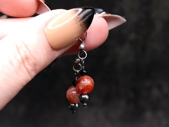 Fire Quartz & Black Spinel Sterling Silver Drop Earrings