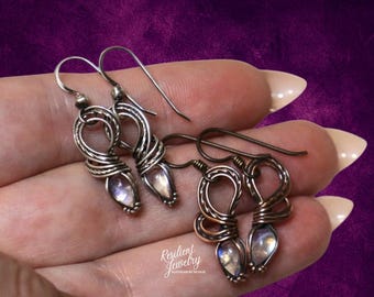 Moonstone Earrings – Wire Wrapped Sterling Silver or Copper – Handmade Boho Crystal Jewelry – June Birthstone – Witchy Gift for Her