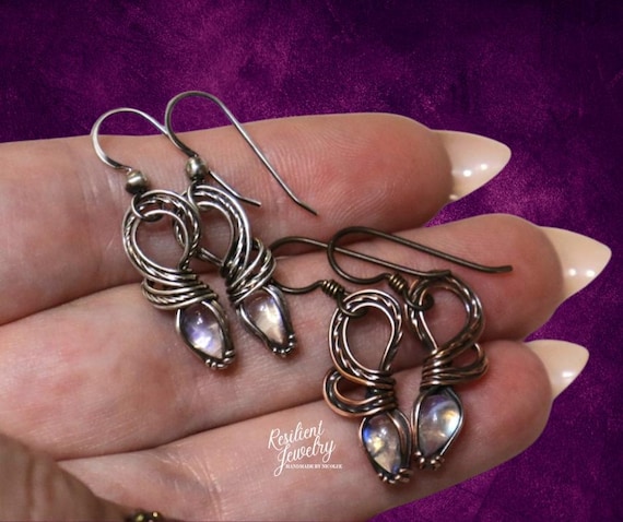 Handmade Moonstone Earrings – Sterling Silver or Copper Wire Wrapped, Boho Jewelry