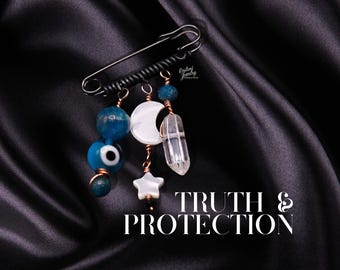 Speak your Truth & Protection Crystal Charm Pins- Evil Eye Blue Apatite Crystals