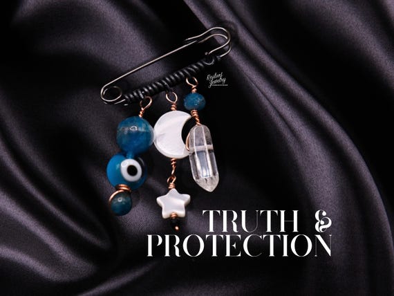 Speak your Truth & Protection Crystal Charm Pins- Evil Eye Blue Apatite Crystals