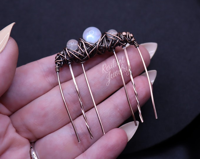 Handcrafted Copper Moonstone Hair Comb – Raw Copper with Genuine Crystals – Elegant Boho Hair Accessory